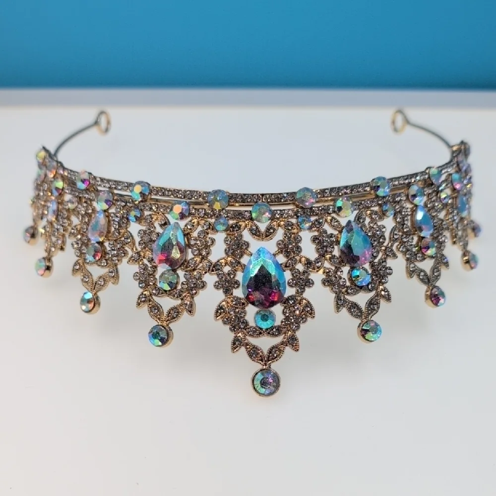 Sparkling Iridescent Ornate Gothic Bronze Crystal Tiara | Aurora Borealis